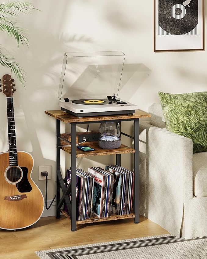 CHOEZON Record Player Stand with Power Outlet, Vinyl Record Storage Side Table, 19" Large Tabletop, Charging Station & Crossed Frame Design for Turntable, Rustic Brown and Black TBZ48UBF
