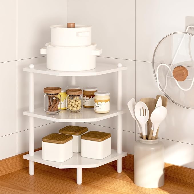Corner Shelf Stand for Desk - 90° Corner Design to Free Up Desktop | Easy to Assemble 3-Tier Vertical Storage 15 lb Per Shelf 6.7 in Clearance for Books Coffee Mugs Supplies on Office Desks
