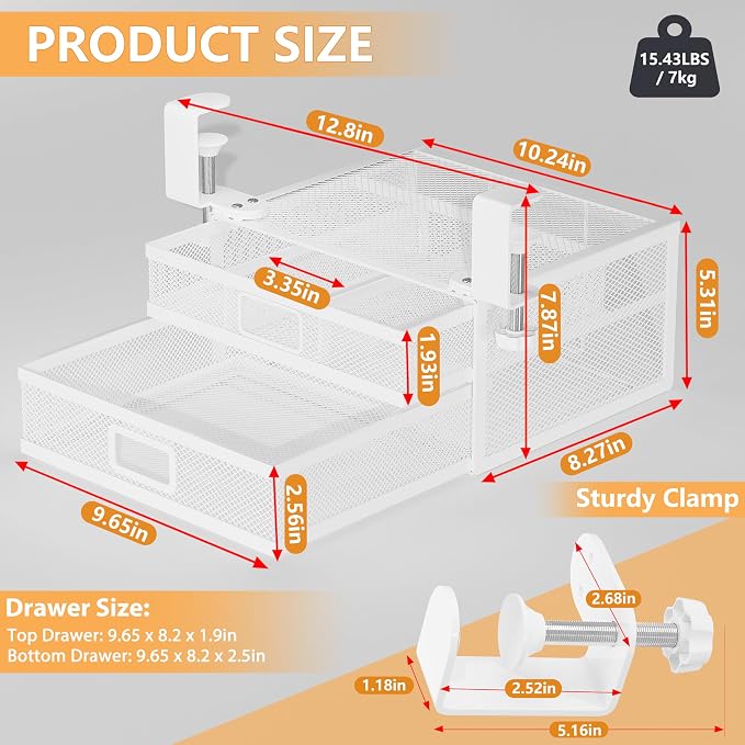 Sliding Under Desk Drawer Organizer No Drilling 2 Drawers Slide Out Desktop Or Under Table Storage Metal Clamp On Desk Drawer Attachment Small Desktop Organizer for Home & Office, White