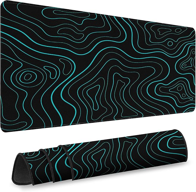 Gaming Desk Mat with Silky Smooth Surface & Exquisite Patterns,31.5x11.8 Inches Large-Sized Mouse Pad, Perfect for Extended Gaming,Work,and Home Office Decor (Blue Topographic Lines)
