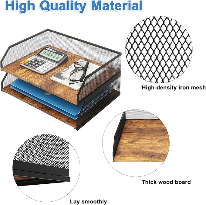 Natwind 2-Tier Stackable Paper Tray, Metal Mesh Desktop Organizer, Paper Sorter, Letter Trays, File Document Storage Rack for Home, Office, School, Retro