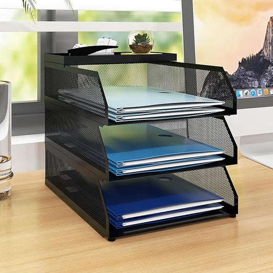 Natwind 3-Tier Desk Organizer,Desk Accessories, Stackable Paper Tray, Metal Mesh Desktop Organizer, Paper Sorter, Letter Trays,File Document Storage Rack for for Home, Office, School (Black)
