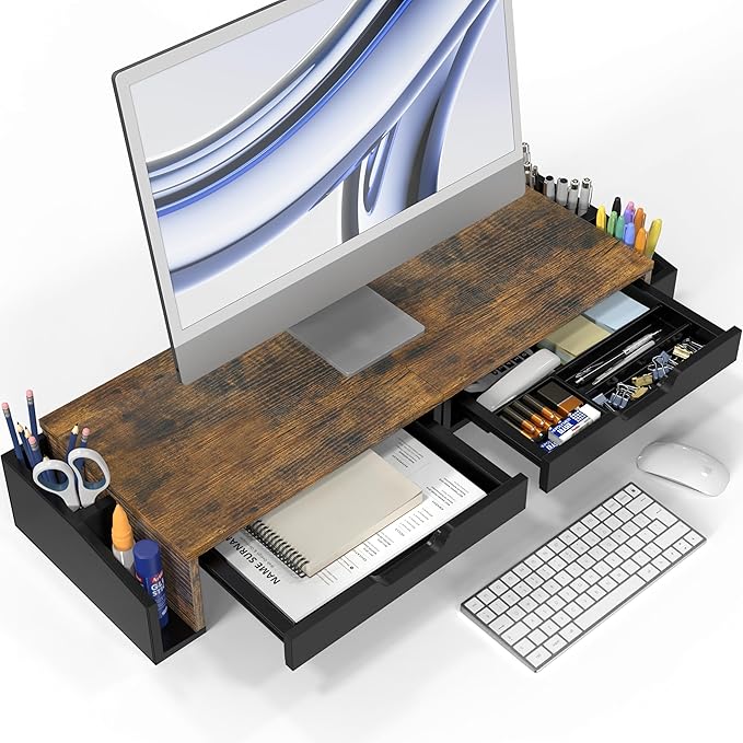 Simple Houseware Desk Dual Monitor Stand Riser with Pull-Out Drawers, Rustic Brown