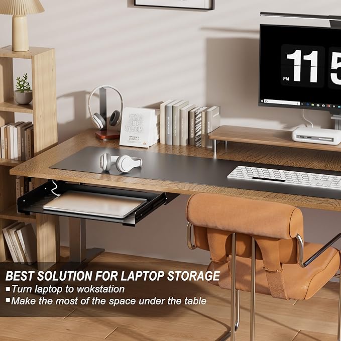 Under Desk Laptop Drawer, 22.8'' Wide Pull-Out Tray – Metal Perforated Bottom for Heat Dissipation, Sliding Track, Under-Desktop Storage for Laptop & Accessories