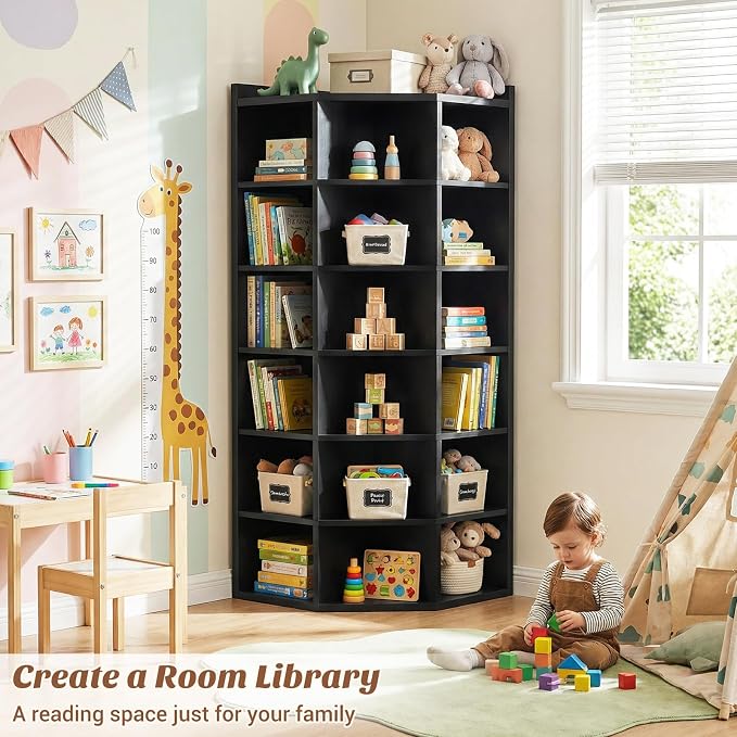 Aheaplus 7-Tier Wooden Corner Cube Bookshelf, Corner Storage Cabinet with 18 Cubes, Corner Cube Organizer Display Shelf with Top Table, Modern L Shaped Cubby Bookcase for Home Office, Black
