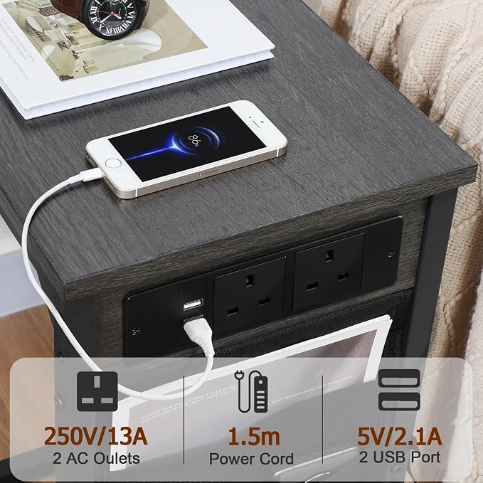 AMHANCIBLE C Shaped End Table with Charging Station, Couch Side Tables that Slide Under Sofa with Storage Bag, Slim TV Tray with USB Ports for Living Room, Bedroom, Dark Grey HET04CDG