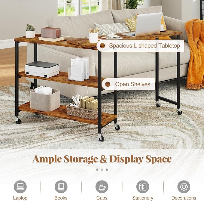 Tangkula Large 360° Free Rotating Sofa Side Table, Patented Mobile Couch Desk with 2-Tier Storage Shelves, Movable Laptop Desk with Sturdy Metal Frame, Extendable Couch Snack Table for Home Office
