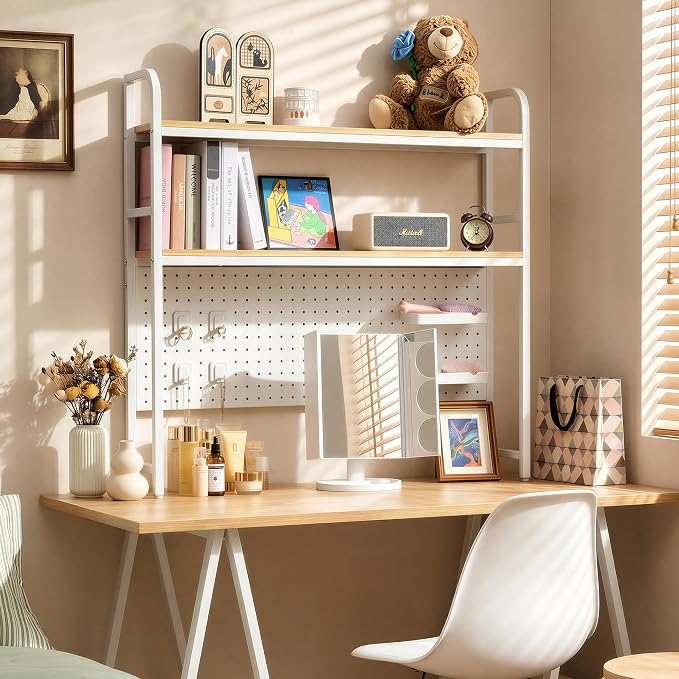 deli Desktop Shelf, Desk Hutch with Grid Panel, Desktop 2-Tier Display Rack, Multipurpose Metal Desktop Bookshelf Storage Organizer, White