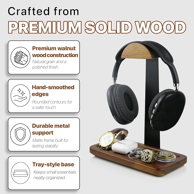 Gift for Men Headphone Stand with Storage Base, Stylish Headset Holder Gamer Gifts for Gaming & Desk to Keep Accessories Organized, Unique Gifts for Teenage Boy Brother on Birthday (Brown Wood)