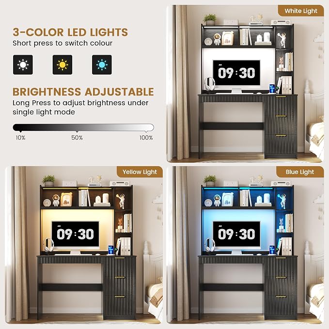 Modern Smart LED Study Desk with Hutch & Storage Cabinet - 3 Color LED Lighting, Card-Based Lock & USB Charging Ports, Multipurpose Computer Desk for Home Office & Student,Black