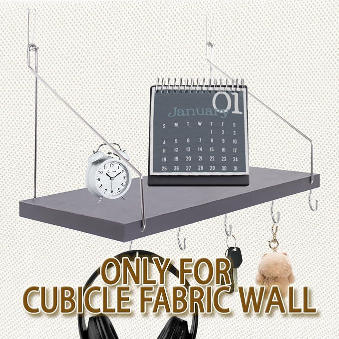 1-Pack Cubicle Shelf For Fabric Walls With Hooks：12x6.0in Gray Wooden Cubicle Shelf Hanging Organizer Silver shelves Accessories Office Stylish Ations cubical Decorations For Women Desk work storage