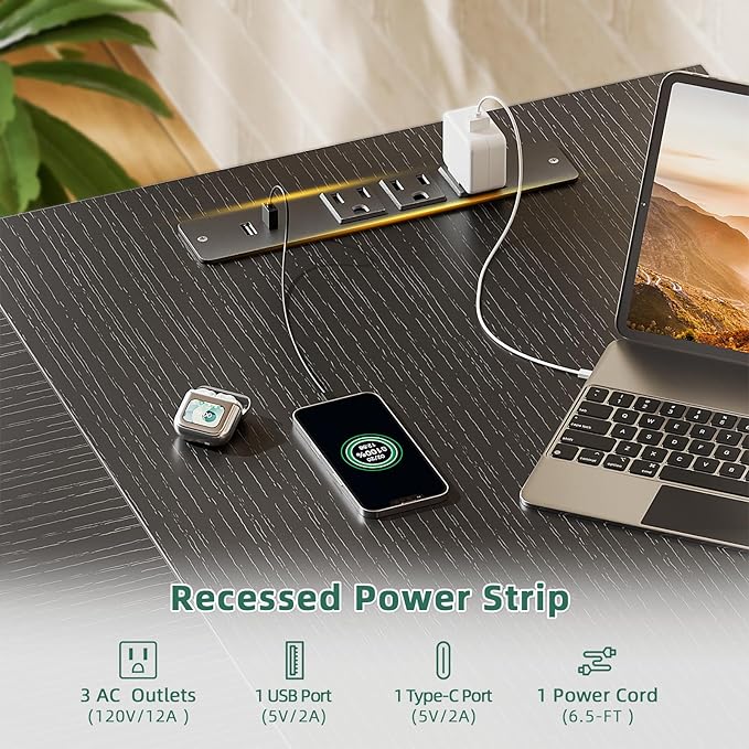 Furologee 63" L Shaped Desk with Power Outlets & USB-C Port, Reversible Corner Computer Desk with 3 Fabric Drawers, Hooks, Large Home Office Desk for Gaming, Writing, Work, Black