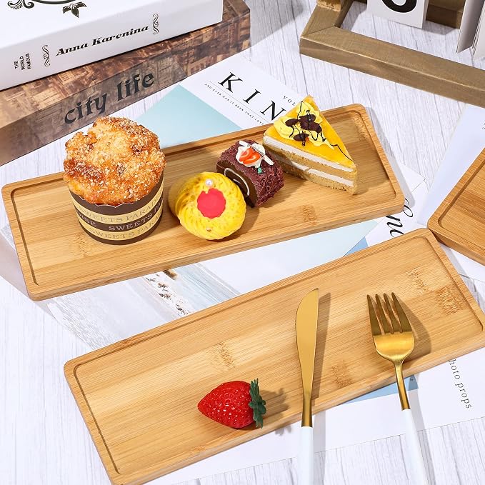 Chengu 3 Pcs Bamboo Vanity Trays for Bathroom Small Wooden Serving Tray for Bathroom Counter Food Appetizer Tea Dessert Kitchen Tissue Toilet Tank Home Decor, 11 x 4 Inch(Rectangle Edge Style)