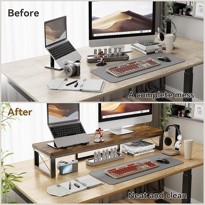 IBUYKE Large Dual Monitor Stand Riser for 2 Monitors, Wooden Desktop Computer Monitor Stand Storage Shelf and Steel Legs,Dual Screen Office Desk,Monitor Riser for Computer, Printer,Laptop,TV,Rustic Brown UTDJ002H