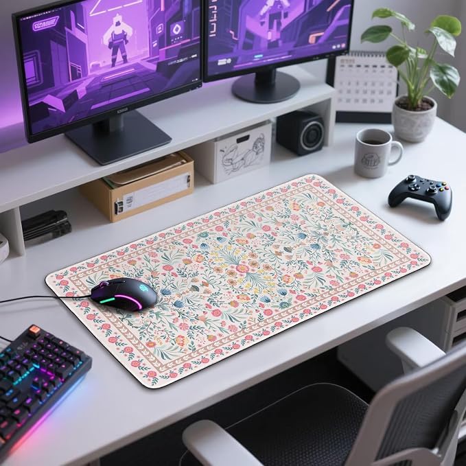 Pink Floral Desk Mat 31.5"x15.7", Extra Large Mouse Pad with Non-Slip Rubber Base, Waterproof Desk Blotter with Stitched Edges, Smooth Computer Mat for Home Office Desk