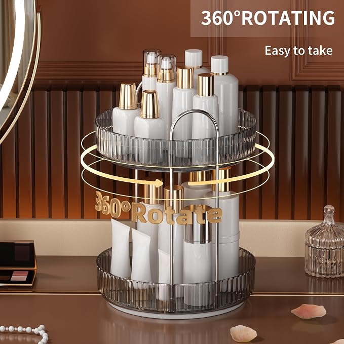 YCIA&DONE 360 Rotating Makeup Organizer and Storage for Vanity Countertop 2 Tiers, High Capacity Cosmetic Skincare Perfume Organizers for Dresser Bathroom Lazy Susan (Smoky Gray)