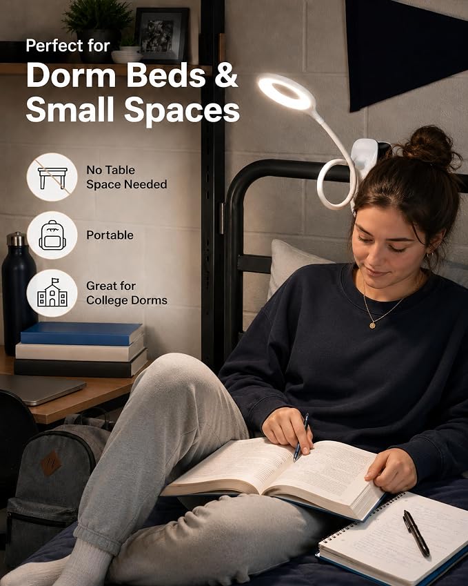 Clip On Reading Light for Bed Headboard, USB Rechargeable Cordless Clamp Lamp for Dorm Room Essentials, Touch Dim, 3 Colors, Eye Protect LED Desk Lamp for College Dorm Room, Gooseneck,White