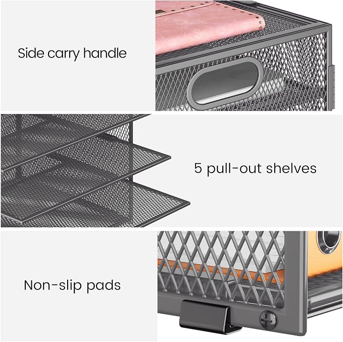Lavatino 8-Tier Office Desk File Organizer, Letter Tray Paper Organizer with Handle, Including 5 Adjustable Slide Trays for Organizing Desktop Workspace Accessories and Supplies (Grey Metal Mesh)