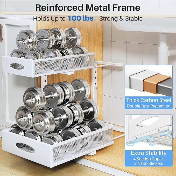 Under Sink Organizer, 2 Tier Pull Out Under Cabinet Organizer Shelf with Pad for Framed Cabinets, Metal Slide Out Under Sink Storage, Mesh Sliding Drawers for Kitchen Bathroom Laundry(White, 1 Pack)