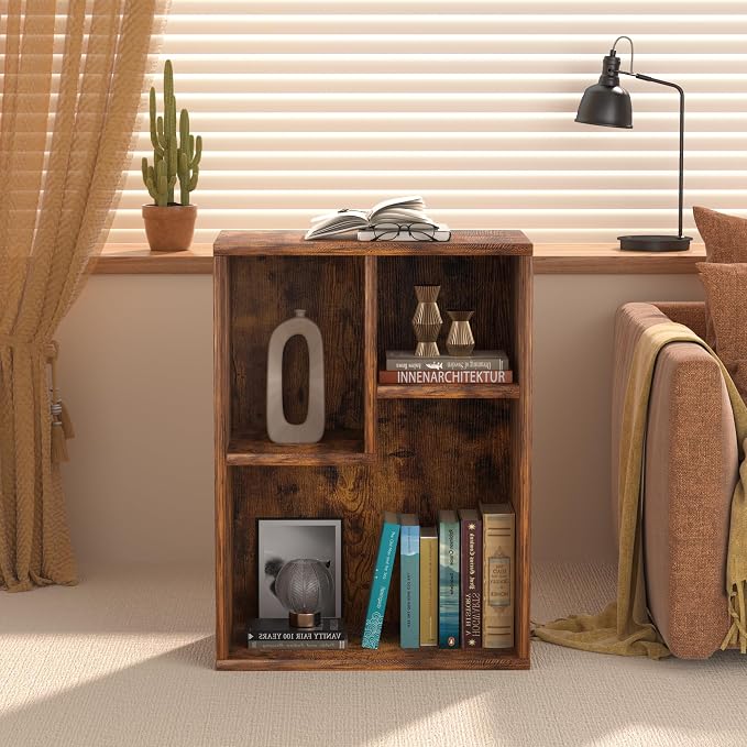 VECELO 15.7" Open Bookshelf, Waterproof Particle Board Asymmetrical Split Cubby Storage Organizer, Brown Uneven Compartment Display Cube for Tall Books, Bedroom Dorm Office