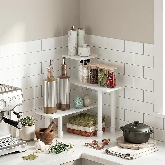 Furinno Turn-N-Tube Corner Shelf, 3-Tier Countertop Corner Organizer, Toolless Pantry Organizers and Accessories, Adjustable Table Top Shelf, for Vanity, Small Spaces, Kitchen, Bathroom, White