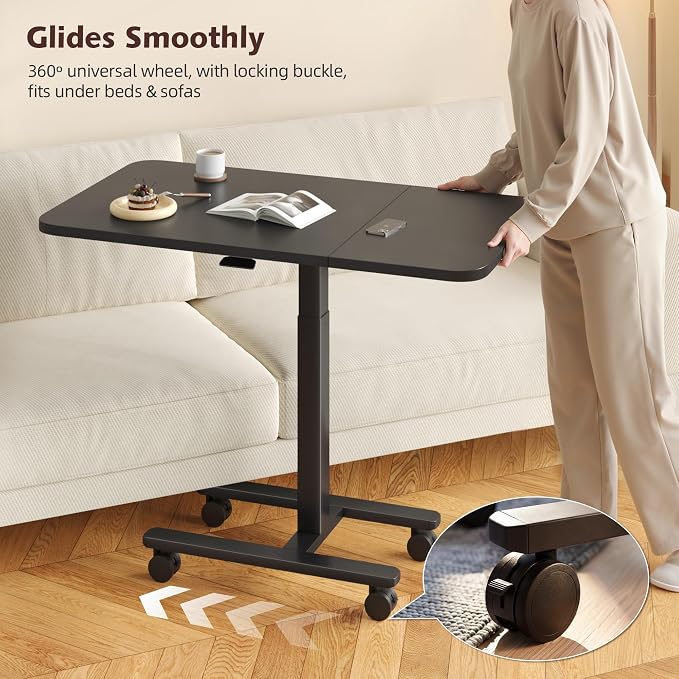 Homkdom C Shaped Table with Wheels, Side End Table with Extended Desktop, Adjustable Rolling Desk for Small Space, Dorm, Height Adjustment (29.5"-44"), Black
