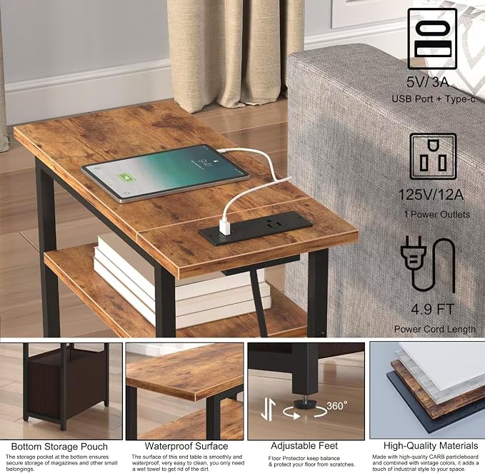 sthmec Narrow Side Table with Charging Station, Small End Table for Small Spaces, Skinny Nightstands with Storage Basket, 3 Tier Sofa Couch Bedside Tables for Living Room,Bedroom, Rustic Brown
