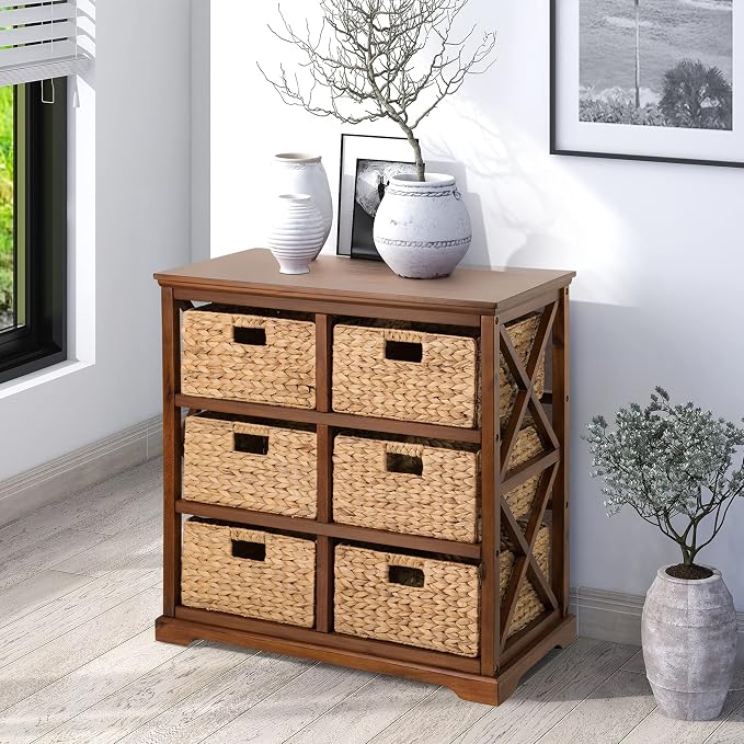 eHemco Hampton Meadows 3 Tier X-Side End Storage Cabinet with 6 Wicker Baskets, Walnut