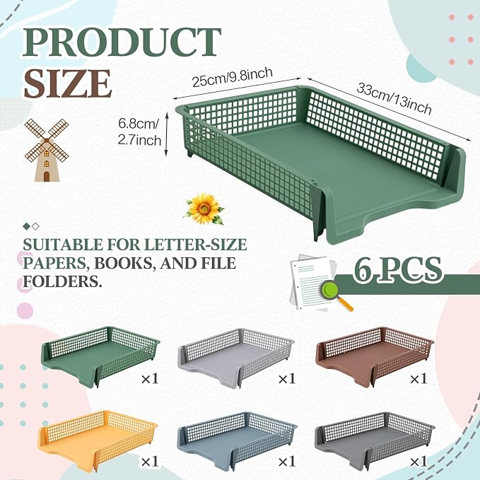Geetery Set of 6 Plastic Trays for Teachers Turn in Trays Classroom Stackable Paper Tray Plastic Classroom Teachers Desk Letter Organizer Storage Baskets for Office, Desk, Home (Cottage Color)