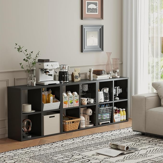 IRONMIX Metal Cube Storage Organizer with 4 Storage Basket, Short Bookshelf with Storage, 2 Tier Black Bookshelf Cube Shelf, Short Bookcase for Home Office Library (Black, 700+1037 with Basket)