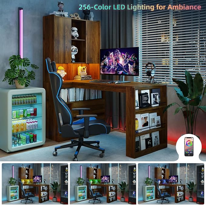 Zevemomo L Shaped Desk with Hutch and 2 Drawers, Computer Desk with USB Ports, Power Outlets & LED Light, Wood Corner Computer Desk with Storage Shelves for Home Office, Brown
