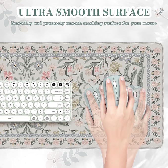iCasso Aesthetic Floral Desk Mat, L Mouse Pads, Anti-Slip Mousepad with Stitched Edges, Waterproof Computer Pad 11.8"x31.5", Desk Accessories Office Decor for Women(Gray Floral)