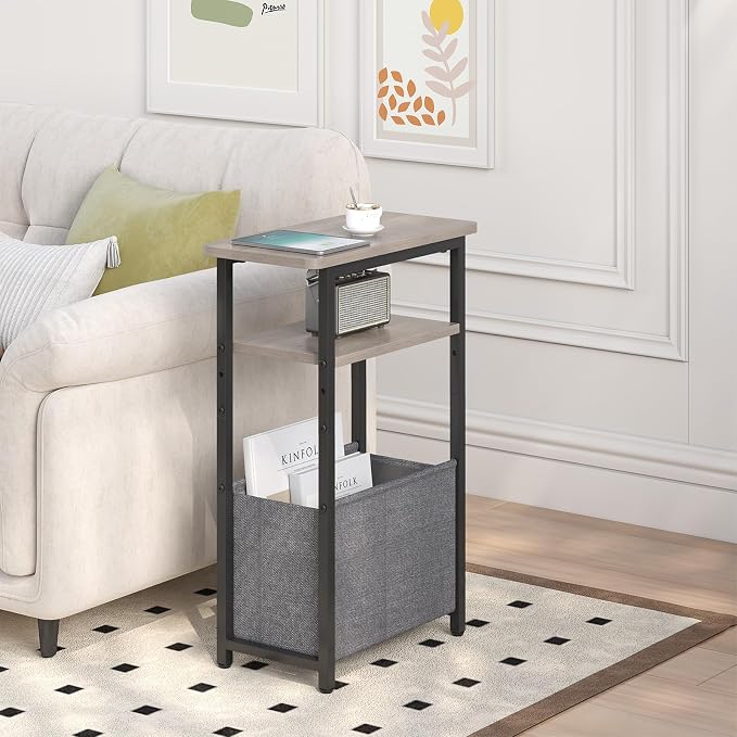 sthmec Narrow Side Table, Skinny End Tables with Fabric Basket, Small Side Tables for Small Space, 2-Tier Open Shelves with Basket, Slim Nightstands for Bedroom,Living Room,Office, Grey