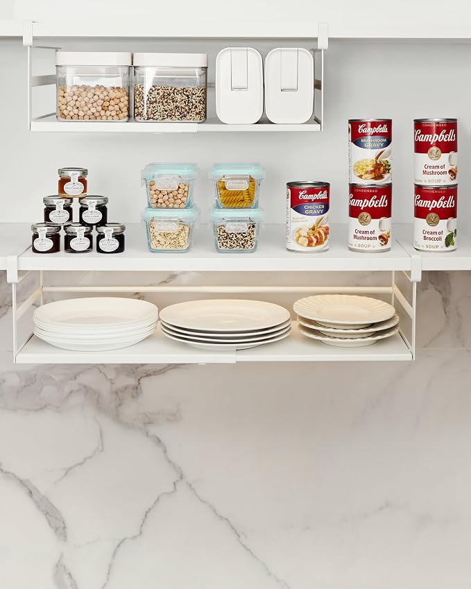 Under Shelf Storage Basket, 2-Pack Under Cabinet Shelf Organizer | Expandable Hanging Basket Holds 35 lbs Add-On Kitchen Pantry Cupboard Counter Laundry 13.19-23.03" W x 8.66" D x 4.13" H