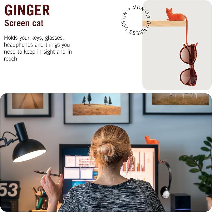 Monkey Business Ginger The Cat Tail Hook for Computer Screen, Tight Spaces, Hang Keys, Accessories in Easy Reach (Orange)