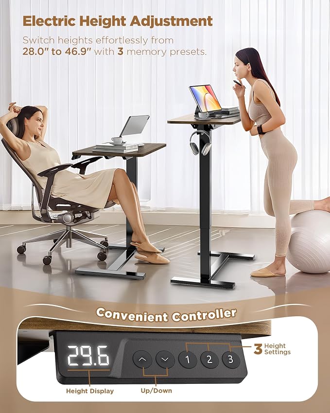 Overbed Bedside Table with Wheels, Electric Standing Desk Adjustable Height, Small Computer Desk for Home Office, Rolling Laptop Desk for Bed, Sofa, or Hospital Use (24"x16",Dark Walnut)