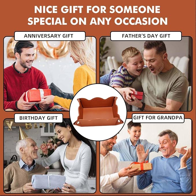 Valet Tray for Men Women 2 Pack - PU Leather Travel Catchall Tray Organizer - Desk Bedside Nightstand Storage Box for Jewelry Key Phone Remote Controller Wallet Watch Glasses Readers -Brown