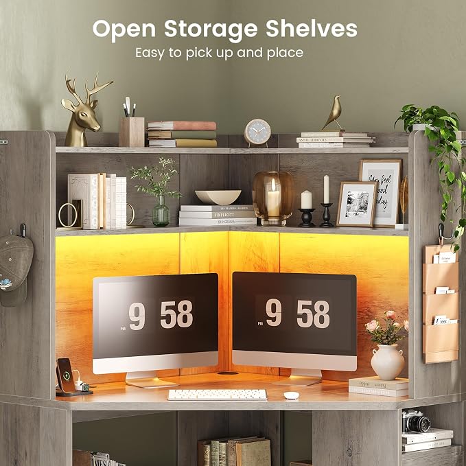 SEDETA 31.5" Small Corner Desk, Farmhouse Corner Desk with Hutch & 3 Drawers, Corner Desk for Small Space, Small Corner Computer Desk with Storage Shelves & LED Lights for Home Office, Grey
