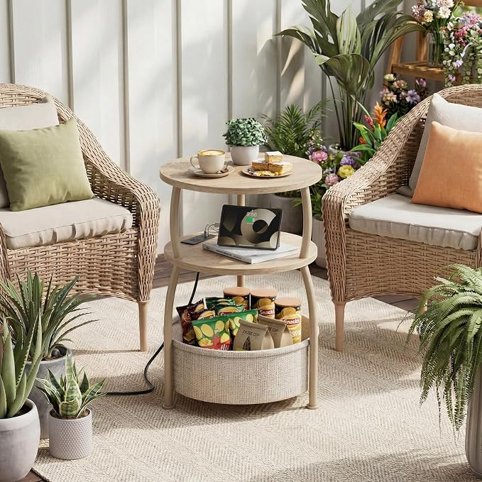 Round Side Table with Power Outlets, Type-C, 15.75 in Small Coffee Table with Basket, Space Saving End Table 3-Tier Bedside Corner Table Stand for Living Room, Bedroom, Garden Light Oak