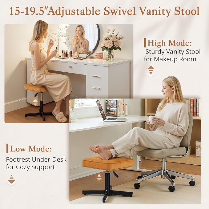 LUE BONA Adjustable Vanity Stool, 15''-19.5'' Foot Rest Under Desk, 360° Swivel Vanity Chair for Makeup Room, Ginger Yellow Upholstered Faux Leather Ottoman for Bathroom & Living Room, 300lbs