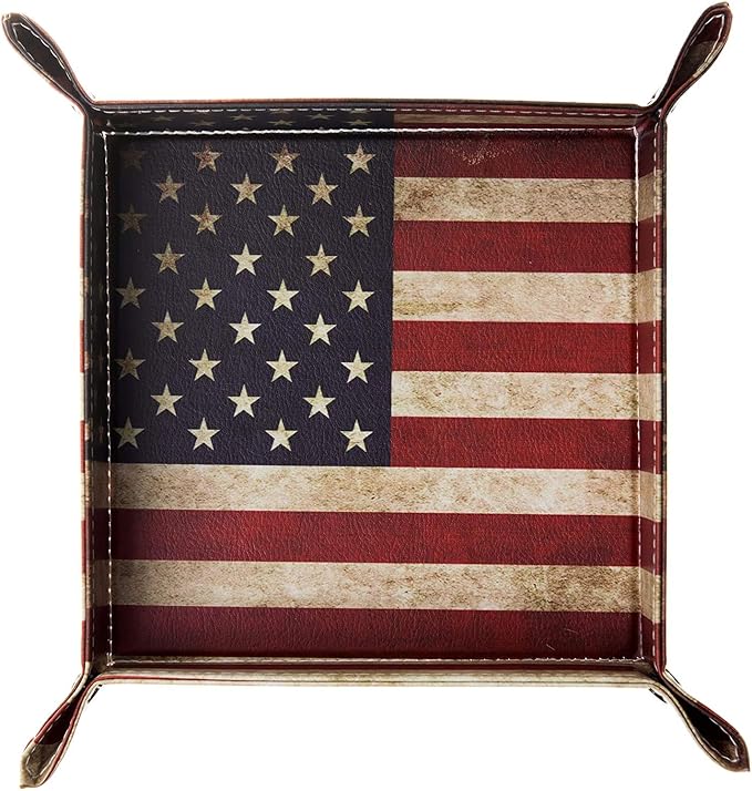 Valet Tray Desktop Storage Organizer, Vegan Leather Catchall Bedside Vanity Tray Nightstand Caddy Holder for Remote Controller, Watch, Keys, Phone, Wallet, Sunglasses, Jewelry - Flag