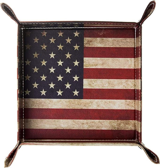 Valet Tray Desktop Storage Organizer, Vegan Leather Catchall Bedside Vanity Tray Nightstand Caddy Holder for Remote Controller, Watch, Keys, Phone, Wallet, Sunglasses, Jewelry - Flag