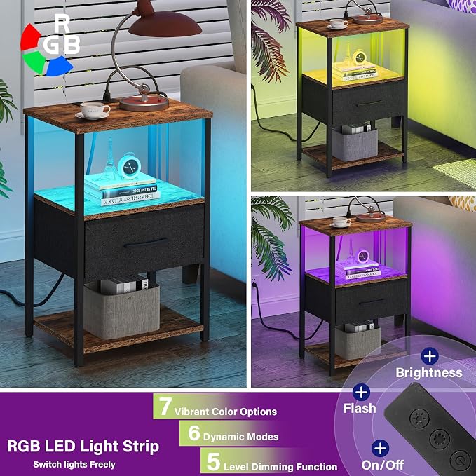 TUTOTAK LED Nightstand Set of 2, Night Stand with Charging Station, End Table, Bedside Table with Fabric Drawer, Side Table for Livingroom and Bedroom, Brown TB01BB0692L