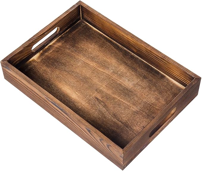 Rustic Brown Wood Food Serving Tray Cutout Handles Breakfast in Bed Coffee Wine Rectangular Ottoman Nesting Crate Tabletop Storage Box Desktop Document Holder Party Office Home Kitchen