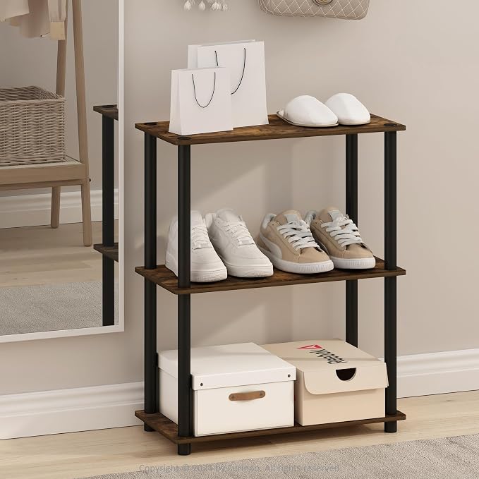 Furinno Turn-N-Tube Storage Shelves, 3-Tier Book Shelf, Corner Shelf, Toolless Open Shelves, for Organization and Storage, Living Room, Garage, Home Office, Amber Pine