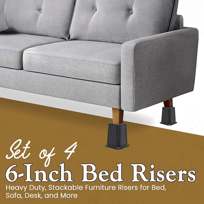 Kings Brand Furniture 6-inch Bed Risers - Set of 4 Black Heavy Duty Stackable Furniture Risers for Under Bed Storage, Desk, Sofa, Couch