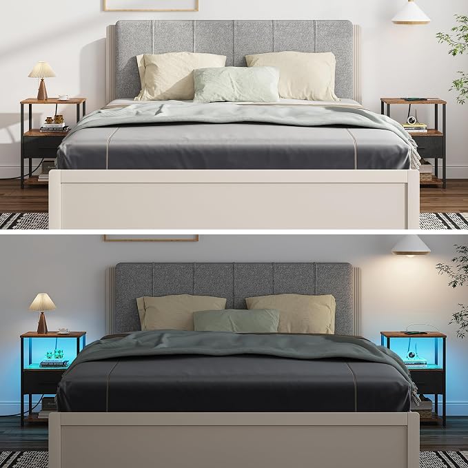 TUTOTAK LED Nightstand Set of 2, Night Stand with Charging Station, End Table, Bedside Table with Fabric Drawer, Side Table for Livingroom and Bedroom, Brown TB01BB0692L