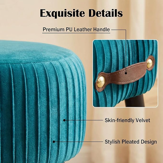 Foot Stools Small, Ottomon with Handle, Velvet Footrest Ottoman | Curved Foot Stool with Padded Seat Wooden Legs, Portable Foot Rest for Living Room, Bedroom, Entryway, (Peacock Blue)