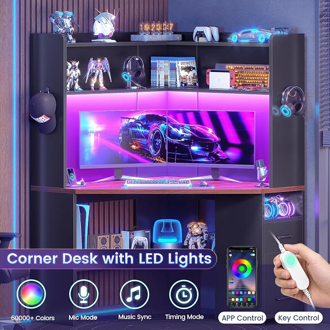 SEDETA 31.5" Corner Desk for Small Space, Corner Gaming Desk with 3 Drawers & LED Lights, Corner Desk with Hutch, Corner Computer Desk with Storage Shelves for Home Office, Black + Brown