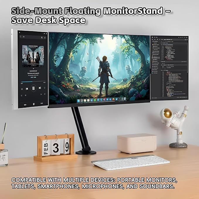 3D-Printed Portable Monitor Extension Arm, Side/Top Mount for Tablets, Phones & 7–18" Portable Screens, VESA 75x75 Compatible (White, About)